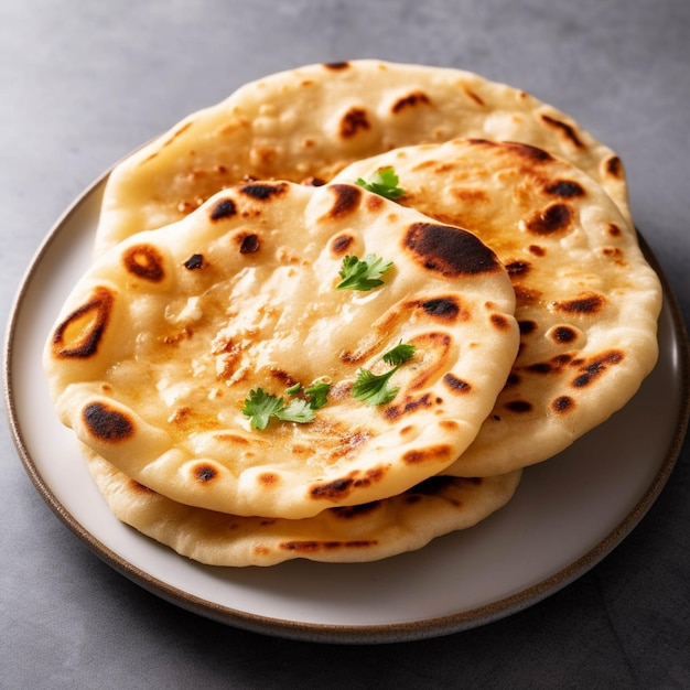 Pain naan indien avec persil sur planche de bois mise au point sélective