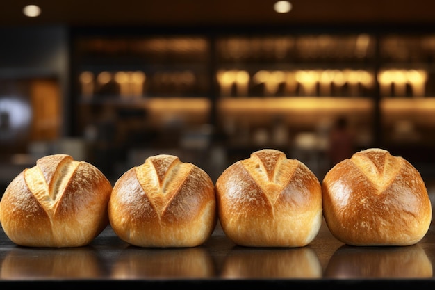 Photo pain pains de pain de blé blanc fraîchement cuit en rangée sur la table sur un fond flou de boulangerie ou de magasin avec espace de copie nourriture délicieuse concept de petites industries et de nourriture saine