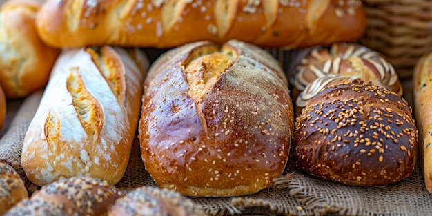 Un pain et des petits pains avec des graines de sésame sur un sac