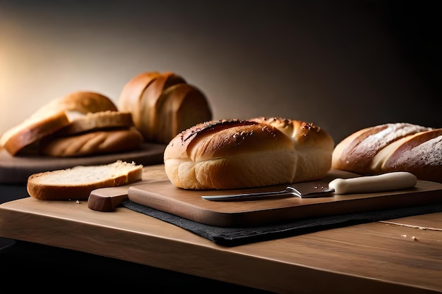 Pain sur une planche à découper avec un couteau et un couteau