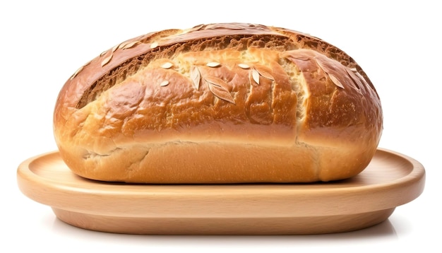 pain sur un plat en bois isolé sur un fond blanc