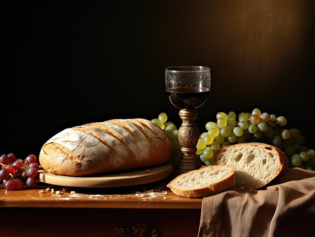 un pain et des raisins sur une table