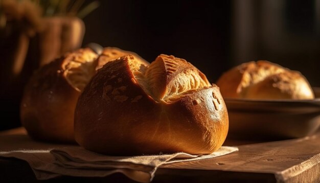 Pain rustique fraîchement cuit sur une table en bois généré par l'IA