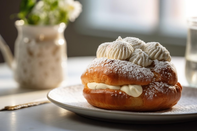 Pain de semla suédois traditionnel avec de la crème fouettée