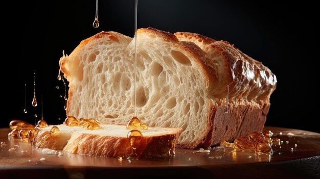 pain sur une table en bois avec un fond noir et flou