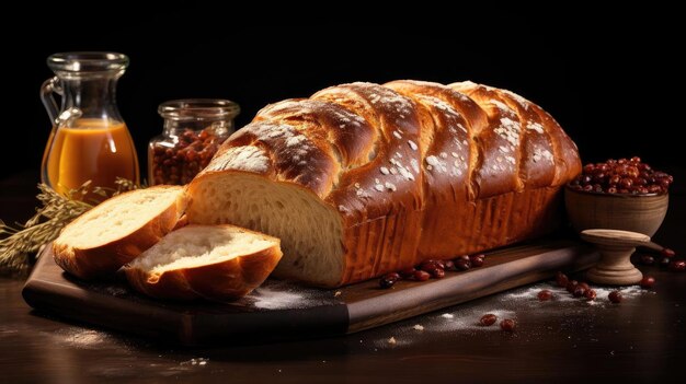 pain sur une table en bois avec un fond noir et flou