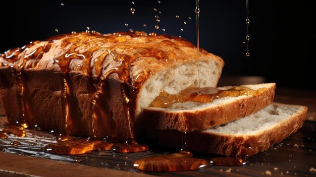 pain sur une table en bois avec un fond noir et flou