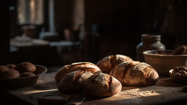 Pain sur une table avec une bouteille de vin sur la table