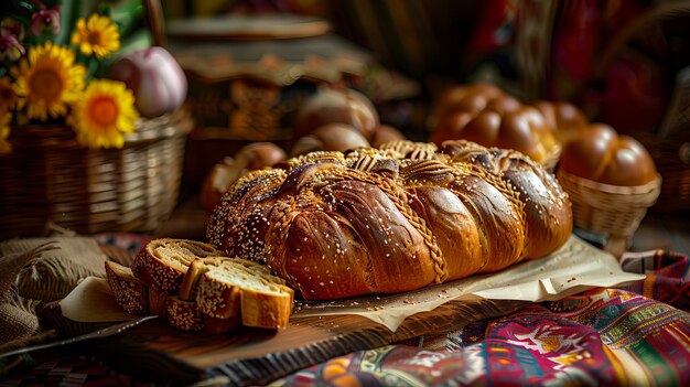 Un pain sur une table avec des fleurs