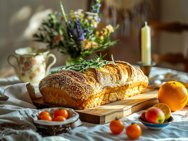 Un pain sur une table avec des oranges et des fleurs