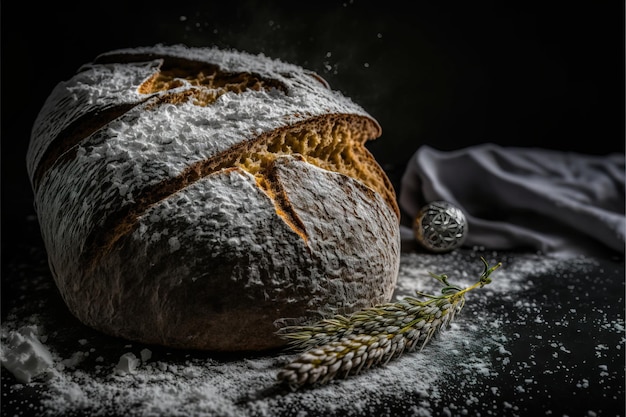 Pain traditionnel fraîchement cuit sur une table en bois rustique avec de la farine poudreuse volant dans l'air gène Ai