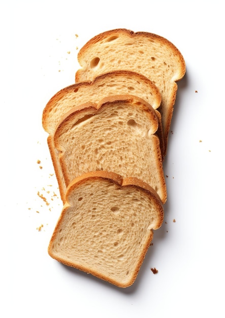 Pain tranché sur un fond blanc tranches de pain et miettes vues d'en haut IA générative