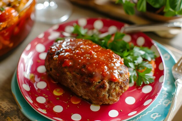 Photo un pain de viande savoureux et magique avec du glaçage de tomate