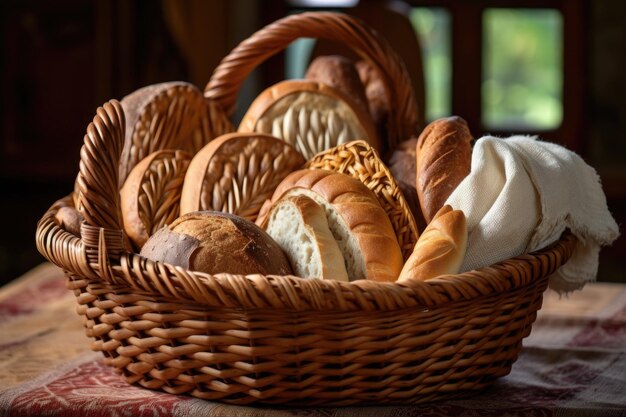 Des pains artisanaux dans un panier en osier