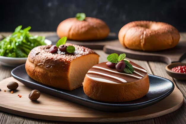 Photo pains sur une assiette avec quelques autres pains sur une table en bois