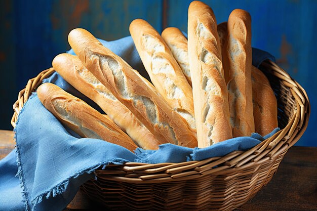 Des pains de baguette dans le panier de bambou sur la table bleue