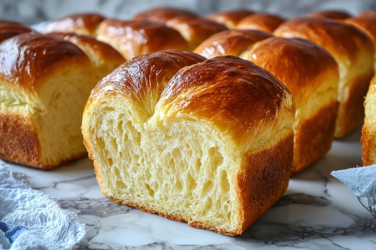 Photo des pains de brioche dorés bruns avec un intérieur en flocons