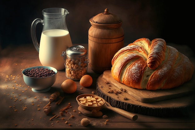 Pains ou brioches maison, croissant feuilleté à la cannelle et petit-déjeuner