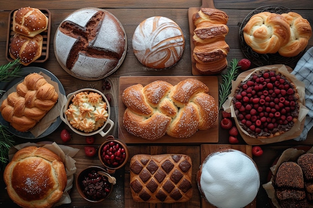 Des pains et des gâteaux sur une table en bois