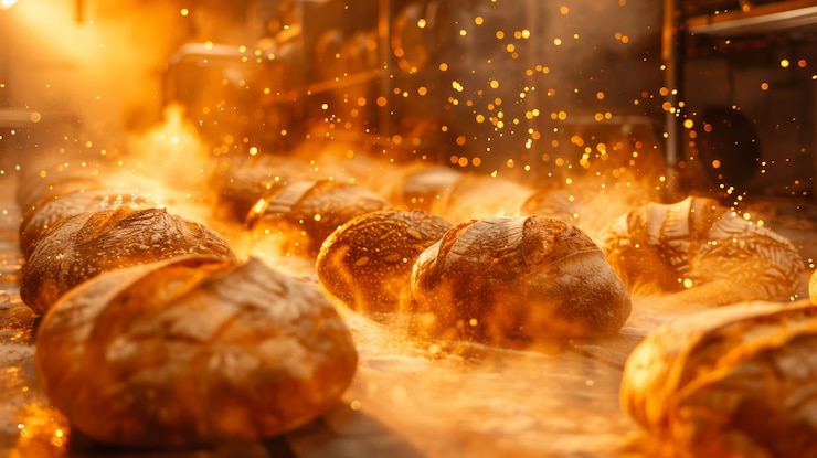 Photo des pains d'or fraîchement cuits se refroidissent sur un plateau dans la boulangerie sous la chaude lumière du soleil et volent