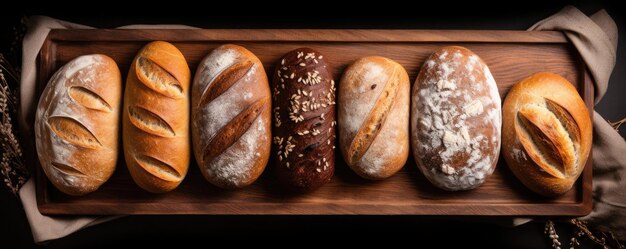 Des pains et des petits pains dorés sur fond de tableau noir Boulangerie IA générative