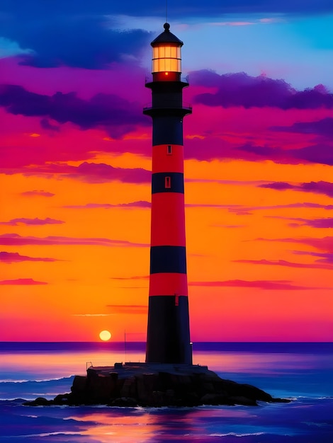 Paint Nite Sunset Lighthouse Silhouette Peinture réaliste d’un phare solitaire silhouetté