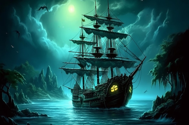 Photo a painting of a pirate ship in the ocean