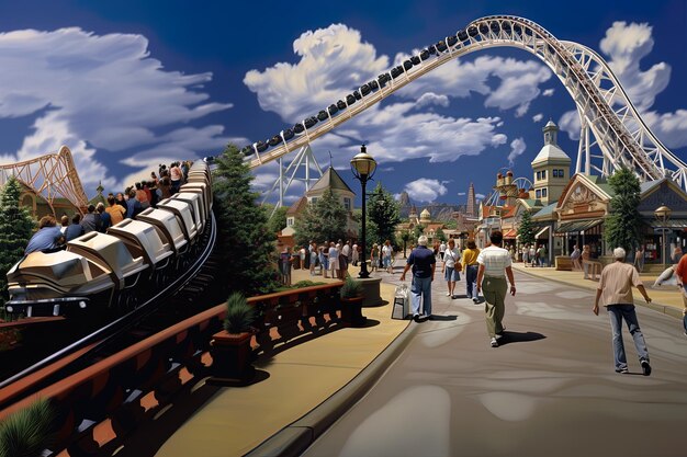 Photo a painting of a roller coaster with people walking in front of it