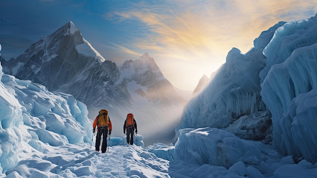 Une paire d'alpinistes dans une vallée sculptée par des glaciers