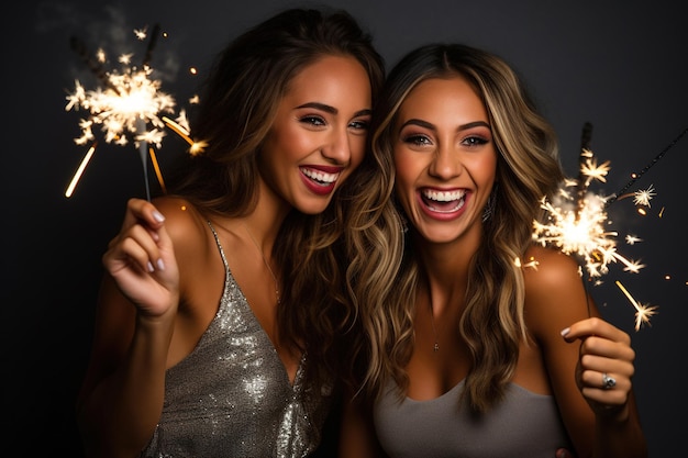 Une paire d'amis amusants souriants célèbrent et s'amusent avec des étincelles et des lumières bengalies dans un studio prêt pour la fête