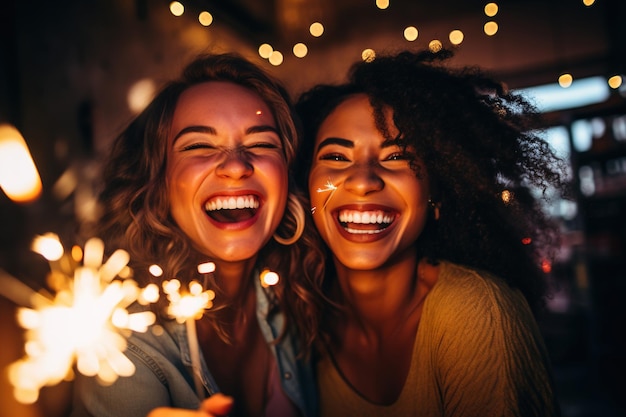 Une paire d'amis amusants souriants célèbrent et s'amusent avec des étincelles et des lumières bengalies dans un studio prêt pour la fête