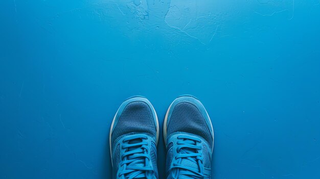 Photo une paire de baskets bleues sur un fond bleu les baskets sont déliées et les lacets sont suspendus