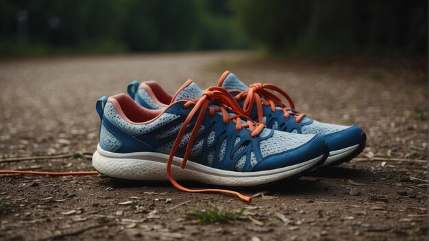 Une paire de baskets bleues sur un pont en bois