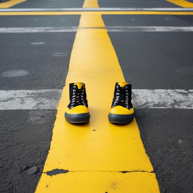 une paire de baskets qui sont sur une ligne jaune