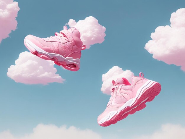 Photo une paire de baskets roses volant dans le ciel avec des nuages