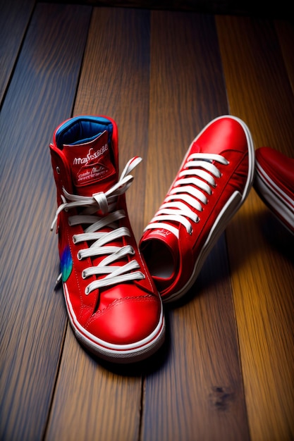 Une paire de baskets rouges assis sur un plancher en bois