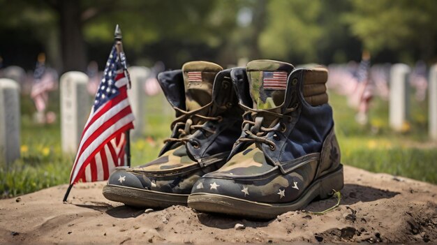 une paire de bottes de l'armée avec le drapeau américain sur le dessus