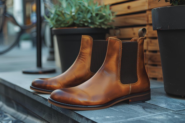 Une paire de bottes brunes assises sur le dessus d'une table à côté d'un planteur et d'un pneu de vélo un rendu 3D