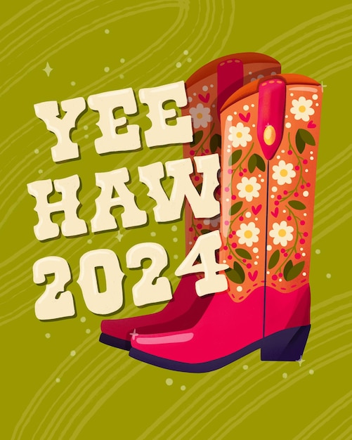 Une paire de bottes de cowboy décorées de fleurs et d'un message écrit à la main Yeehaw 2024