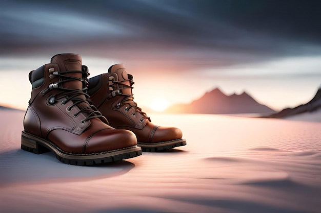 Une paire de bottes en cuir marron se tient dans le désert.