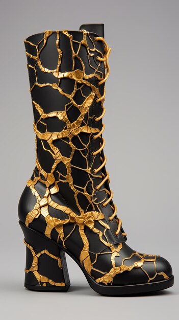 Photo une paire de bottes en cuir noir avec des broderies en or