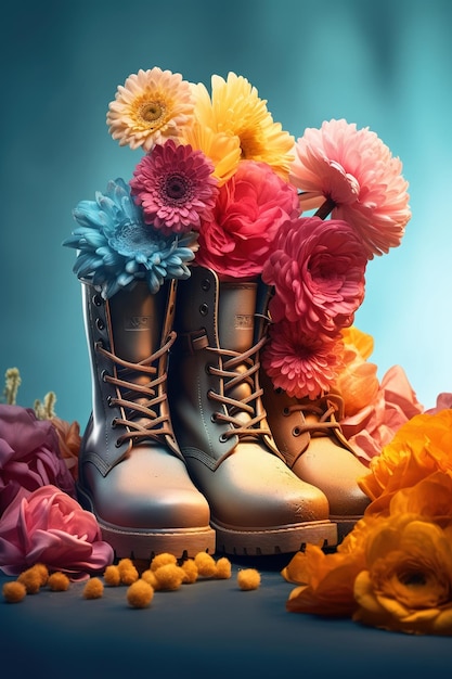 une paire de bottes avec des fleurs incrustées à l'intérieur