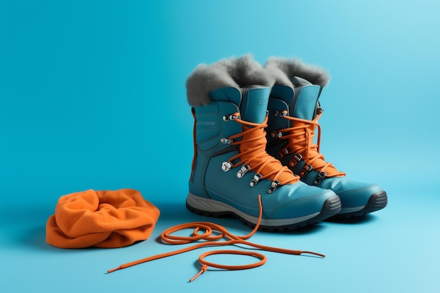 Une paire de bottes d'hiver à lacets orange et un chapeau sur fond bleu.