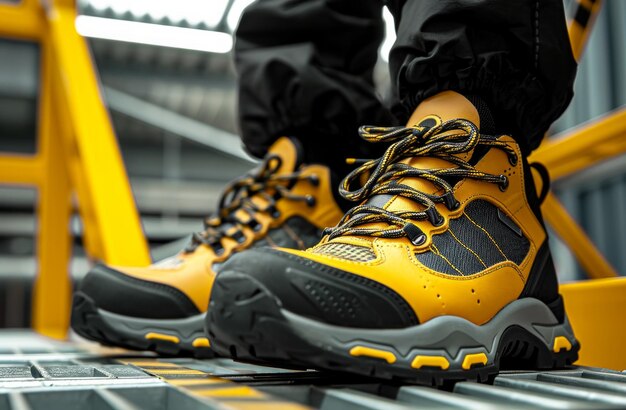 Photo une paire de bottes jaunes et noires sur un fond sombre