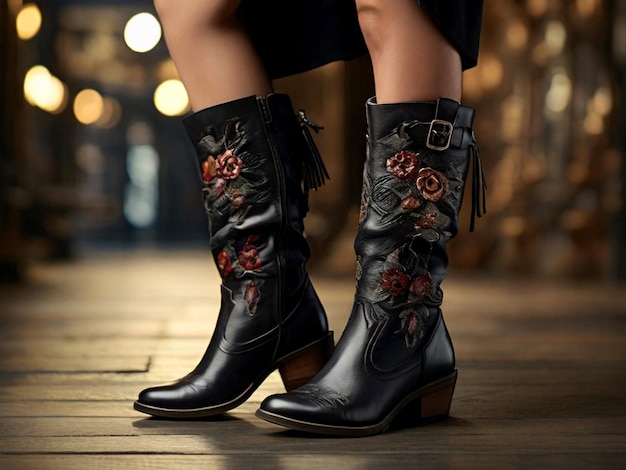 une paire de bottes avec un motif floral et une jupe noire