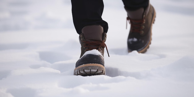 Une paire de bottes noires dans la neige, avec le mot hiver en bas.