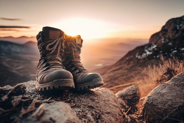 Une paire de bottes professionnelles hautes à semelles épaisses pour la marche et les montagnes se tiennent sur des rochers