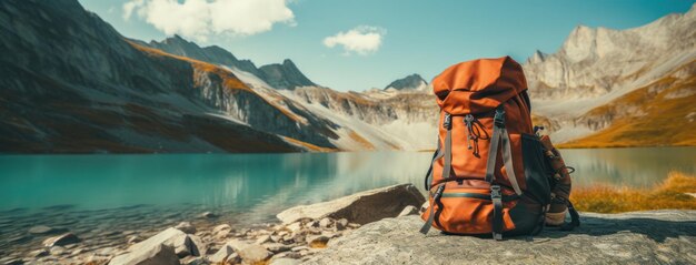 une paire de bottes de randonnée et un sac à dos sur le côté d'un lac