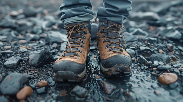 Une paire de bottes de randonnée sur un terrain rocheux le voyage à venir