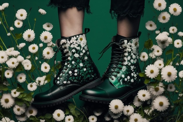 Une paire de bottes vertes avec des fleurs blanches sur le bas.